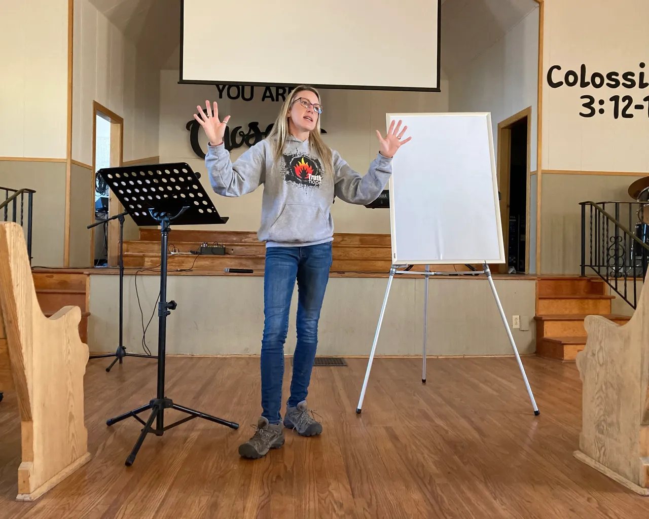 Valerie teaching in a small country church